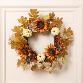 Fall Wreaths for Front Door, HOGARDECK 20" Autumn Maple Leaf Sunflower Pumpkin Wreath with Pine Cone Berries for Fall Decor, Artificial Fall Door Wreath for Home, Wall, Dining Table, Outside, Indoor