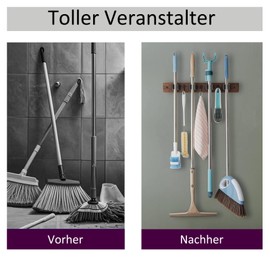 Mistcado Broom Holder Wall, Wooden Broom Mop Holder Wall Mount with 4 Holders and 3 Hooks, Laundry Room Organisation and Storage, Mop Holder for Home Organisation, Garden, Garage, Kitchen, Cupboard