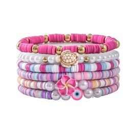 Boho Heishi Bracelets Set Colorful Soft Clay Pearl Star Bracelet Flower Turtle Shell Charm Y2K Beaded Polymer Clay Bracelet Summer Beach Jewelry for Women-C