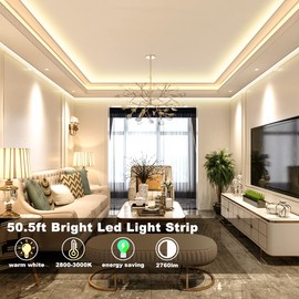 MY BEAUTY LIGHT LED Strip Lights Warm White,50.5ft Dimmable LED Light Strip with RF Remote,924 Bright 3000K 2835 LEDs,Plug-in Adhesive Rope Lights with Timing Mode for Living Room Bedroom Kitchen