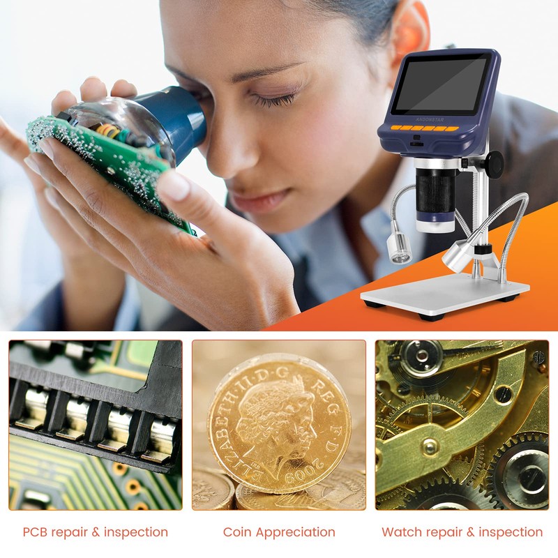 Andonstar AD106S USB Digital Microscope, 4.3" Screen Microscope for Soldering/PCB/Watch/Phone