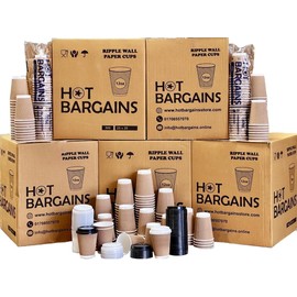 HOT BARGAINS 50 X 12oz Disposable Kraft Paper Cups with Black Lids, Triple Layer for Hot & Cold Drinks, Tea Cups, Coffee Cup with Lids, Takeaway Coffee Cups (12oz)