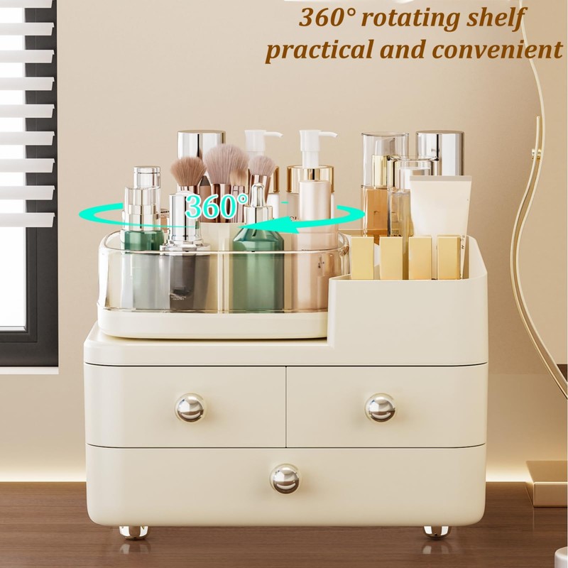 Makeup Organizer with Drawers and 360° Rotating Brush Holder,make up