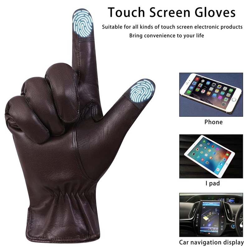 Harssidanzar GM040EU Men's Leather Gloves Fleece Lining Touchscreen, brown