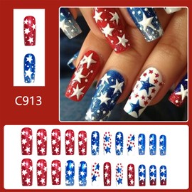 Independence Day Press on Nails Medium Square Fake Nails Star False Nails Red Blue White Acrylic Nails Full Cover Stick on Nails Holiday Glue on Nails 4 of July Nails Press Ons for Women 24Pcs