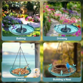 DazSpirit 14.96" Hanging Bird Bath with Solar Fountain, Metal Birdbath with 3 Cast Iron Birds & 4 Spray Nozzles, Solar Powered Water Feature for Outdoors, Garden, Patio, Gift for Bird Lovers