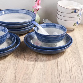 Whitenesser 4-Piece Blue Ceramic Dinnerware Set, Plate, Dish, Bowl, Spoon, Japanese Hand-painted Tableware set, A Good Tableware (BS)