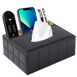 PU Leather Rectangular Tissue Box Cover - Multifunctional Tissue Box Holder with Stationery Remote Control Box, Decorative Tissue Pen Remote Organizer for Home/Office/Restaurant