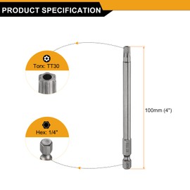 HARFINGTON TT30 Security Torx Head Screwdriver Bit 4" (100mm) Long 1/4" Hex Shank Magnetic Tamper Proof 6 Point Star Screw Driver Drill Bits S2 Steel Hole Tip Industrial Power Tools