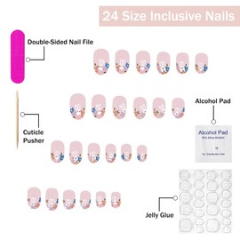 Easter Press on Nails Short Almond SWEKKE French Tip Fake Nails False Nails with Designs Cute Bunny Flower Full Cover Glossy Glue on Nails Acrylic Nails for Women Girls 24 Pcs