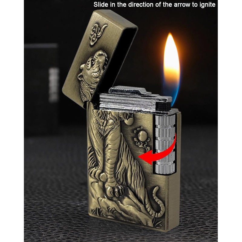Soft Flame Lighter, Unique Engraved Tiger Eagle Metal Wheel Lighter，Refillable