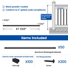 Muzata 50Pack 38'' Aluminum Deck Balusters Facemount Rectangular Railing Metal Spindles with Screws Stair Porch Staircase Deck Spindles for Wood and Composite Fencing WT35