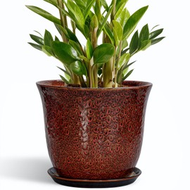 SUNPOTFOR 10 Inch Plant Pot - Ceramic Pots for Plants with Drainage Hole and Saucer, Round Flower Pot for Indoor Outdoor, Modern Ceramic Planter, Garden Room Home Decor, House Warming Gifts, Red