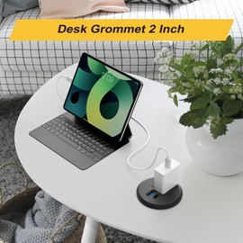 2 Inch Desk Power Grommet USB C PD 20W, Recessed Power Strip Socket with AC Plugs and 2 USB Charging Ports, Hidden Power Strip for Office Furniture Conference Room Kitchen Table, Black