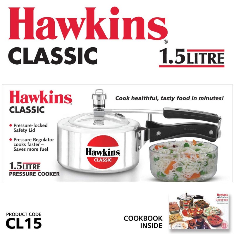 Hawkins Aluminium 1.5 Litre Classic Pressure Cooker,Best Inner Lid Cooker,Small