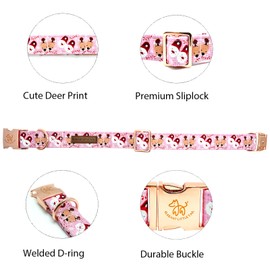 Elegant little tail Christmas Dog Collar, Pink Deer Print Pet Collar Dog Durable Cute Dog Collars Winter Holiday Male or Female Pet Gift Adjustable Dog Collar for Small Puppy