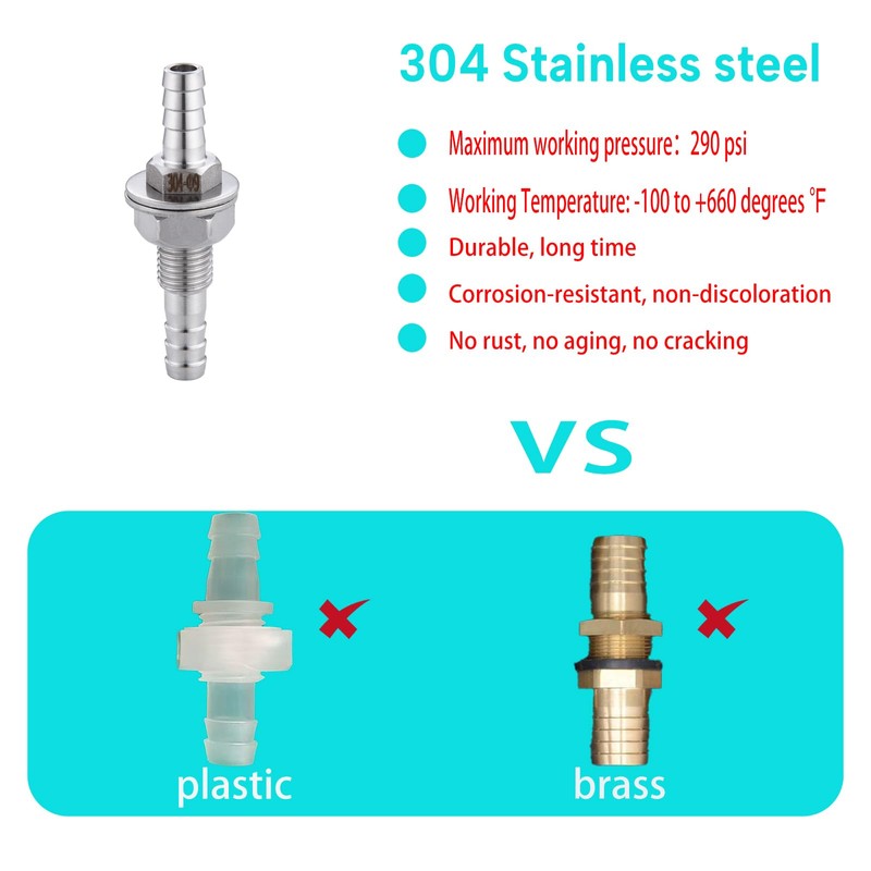 5/16" Hose Barb Thru-Bulk Bulkhead Fitting,304 Stainless Steel Straight Hex