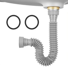 Rackickyer Sink Drain Pipe Kit, 1 Pack Flexible Drain Pipe P Trap, 8.46"-20.67" Flexible P Trap, Under Sink Plumbing for Bathroom and Kitchen, 1-1/4" Adapter Included