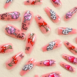 BABALAL Press on Nails Long Coffin Fake Nails Pink Heart Glue on Nails Valentine Day Dice Arcylic Nails 24Pcs Manicure False Nails Ballerina Stick on Nails Glossy Artificial Nails