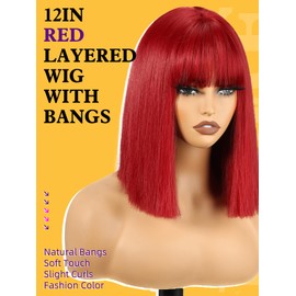 KOME Red Bob Wig with Bangs, Short Straight Hair Wigs for Women,Synthetic Heat Resistant Natural Looking Hair Wig for Party Cosplay Dality Use 12IN