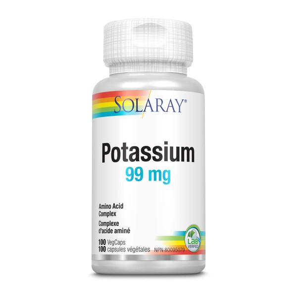 SOLARAY – Potassium, 99mg | Amino Acid Complex | Heart Health & Electrolyte Balance | Dietary Supplement | Vegan, Lab Verified | 100 Vegetarian Capsules