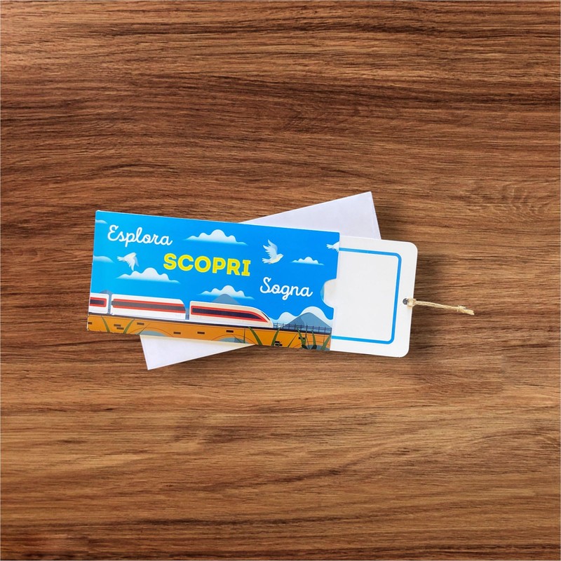 LINA OFFICINE GRAFICHE CREATIVE biglietto auguri regalo viaggio TRENO portasoldi