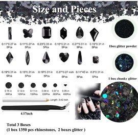 3 Boxes Black Nail Rhinestones with Fine Glitters Kit, 60Pcs Big Assorted Black Nail Gems with S6-S16 Flatback Round Stones,Crystals Nail Gem Stones for DIY Faces Body Crafts