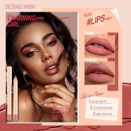 Desing Wish Lip Liner Set of 6 Lipstick Nude Pink Matte Lipstick Permanent Lip Liner Lip Balm Lip Gloss Red Lipstick 24 Hours Long Lasting Lips Kits Madame Birthday Gift