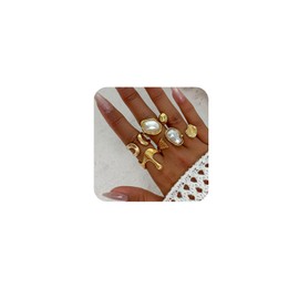 LKingel Chunky Gold Rings Set for Women Gold Baroque Pearl Rings Open Adjustable Pearl Ring Stacking Knuckles Rings Set Boho Prom Costume Jewelry (Style3)