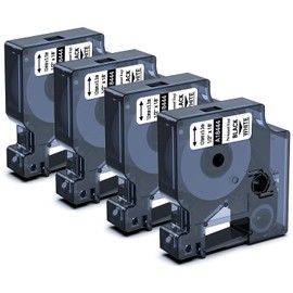 4 x Aken 18444 Label Tape Compatible with Dymo Rhino 5200 Label Tape 12 mm x 5.5 m, Black on White Industrial Vinyl Labels Compatible with Dymo Rhino 4200, 5000, 5200, 6000 Printer