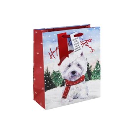 Eurowrap White Kraft Paper Happy Christmas Cute Dog Westie Gift Bag Eco Friendly 100% Recyclable with Red Gift Tag Xmas Gift Wrap Medium