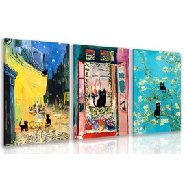 FASWQ Whimsical Black Cat Wall Art, Van Gogh Matisse Picasso Wall Decor, Funny Bathroom Canvas Paintings, Cute Animal Aesthetic Pictures for Living Room Kids' Room Framed Ready to Hang 12"x16"x3