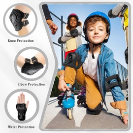 Kids Knee And Elbow Pads,6 in 1 Adjustable Kids Sports Protective Gear Set With Mesh Bag for Skateboard, Roller Skating, Biking, And Outdoor Multi-Sports (Black, M)