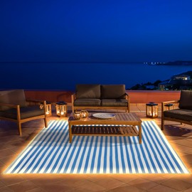 Reversible Mats with Led Strip Lights, 5 x 8 FT Plastic Straw Rug with Led Strip Lights, Striped Outdoor Rug Area Rug, Large Floor Mat for Indoor Outdoors, Patio, Backyard, Deck, Picnic, RV Camping