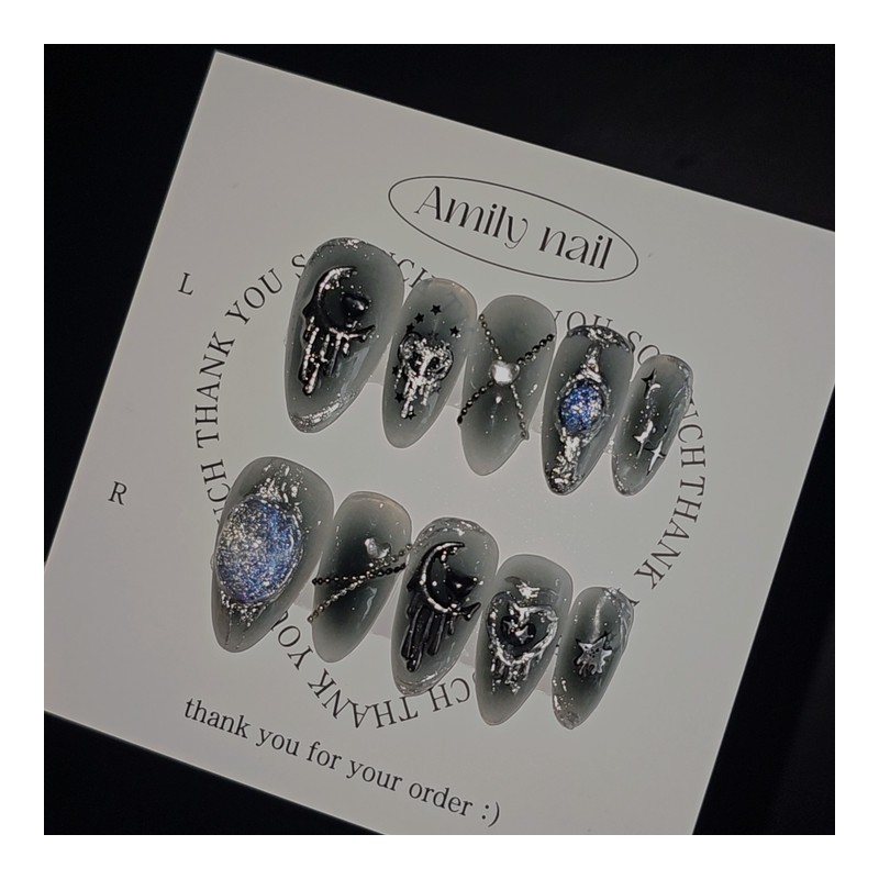 Melting Black Moon [Handmade Nail Tip] Emily Nail - Oval