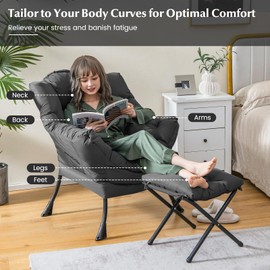GORELAX Lazy Chair with Ottoman, Modern Accent Chair w/Armrests & Side Pocket, Upholstered Lounge Sofa Chair & Folding Footstool Set, Reading Chair for Bedroom, Living Room, Dorm Room (Grey)