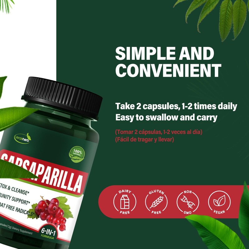 Verdeherb Sarsaparilla Root Capsules, Natural 6-in-1 Formula Supplement with Sarsaparilla
