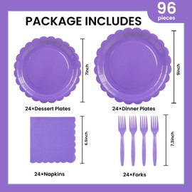 96PCS Lavender Paper Plates and Napkins, 24 Guest Light Purple Disposable Tableware Set Include Scalloped Paper Plates Napkins and Forks Decoration Party Supplies for Birthday Wedding Baby Shower
