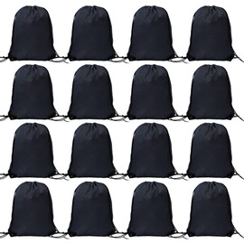 16 Pcs Drawstring Bags Bulk, Polyester Draw String Bags, Gym Sports Cinch Bag Drawstring Backpack for Women Men, Black