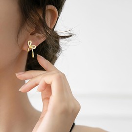 Reffeer Solid 925 Sterling Silver CZ Bow Stud Earrings for Women Teens Ribbon Stud Earrings Bowknot Drops (B-18K Gold)