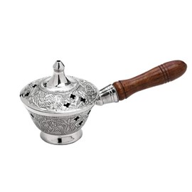 NKlaus Incense Pan with Wooden Handle for Frankincense Incense Mixture Incense Burner Brass Nickel-Plated Solid Handmade Decoration Esoteric 2835