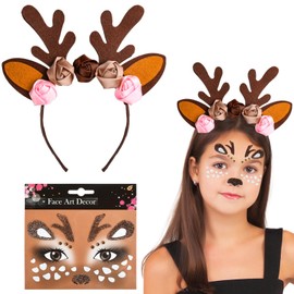 LUYANFX Reindeer Headband, Christmas Headbands, Reindeer Antlers Headband with Face Sticker, Reindeer Headpiece, Children, Girls for Christmas, Carnival, Costumes, Cosplay Party (A)