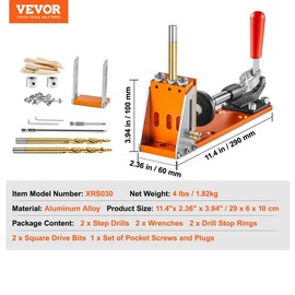 VEVOR Pocket Hole Jig Kit, 34 Pcs Pocket Hole Jig System with 11" C-clamp,  Fixture, Step Drills, Wrenches, Drill Stop Rings, Square Drive Bits, Toolbox, Adjustable, for DIY Carpentry Projects - Quantity: 30 Pcs