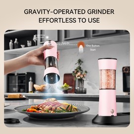 Gravity Electric Salt and Pepper Grinder Set 2-Pack, USB-C Rechargeable with LED Light, Automatic Stainless Steel Mills for Kitchen, BBQ, Dining Table & Gifts - Petal Pink