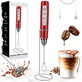 Milk Frother Handheld with Stand, Electric Whisk 3 Speed Adjustable, Drink Mixer with Stainless 3 Whisk, Rechargeable Hand Frother Wand, Foam Maker for Latte Cappuccino Hot Chocolate Egg Red