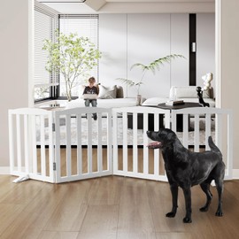 SFJC Freestanding Dog Gate Indoor,Doggie Gate Foldable Dog Gates for Doorways,Stairs or Hallways, Wooden White Pet Gate for The House, Pet Fence with Support Feet Included,24 "Height-4 Panels
