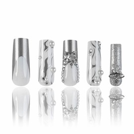 BABALAL Long Square Press on Nails - Silver Chrome French Tip Star Planet 3D Metallic Ball Goth Design Acrylic Nails Squoval Manicure Set, 24Pcs
