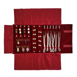 Portable Jewelry Roll Organizer, Velvet Travel Case with 4 Compartments, Storage for Necklaces, Rings, Earrings, Pendants (Red)