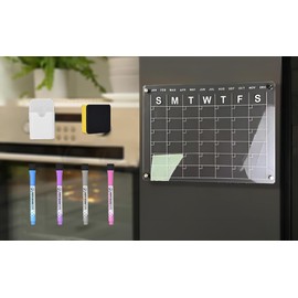 Magnetic Dry Erase Calendar Board for Fridge - 16" x 12" Acrylic Monthly Planner, Reusable Whiteboard Meal Planner and Workout Tracker with 4 Markers and 1 Eraser