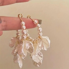 A Pair of Vintage Elegant Style Earrings Featuring Creative Petal Pendants Designed to Resemble Imitation Pearl, PerfectColor: White
